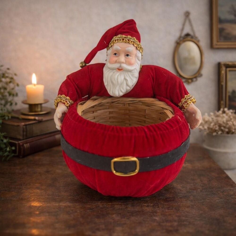 Vintage Santa Claus Red Velvet & Wicker Basket Holiday Decor
